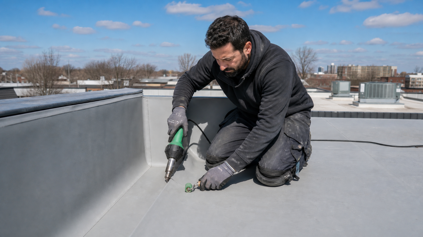 Hot-air welding a TPO flat roof seam at a parapet corner in Windsor, Ontario
