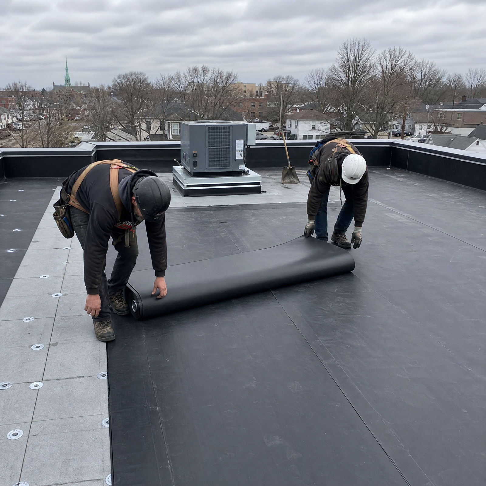 Heywood Roofing crew installing a flat roof membrane in Windsor, Ontario